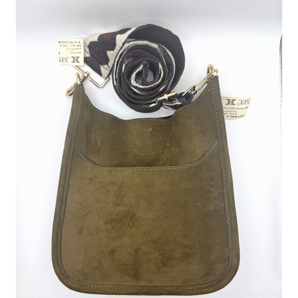 NWT Ah-dorned Olive Green Suede Messenger Crossbody Bag Guitar Strap Hobo Purse